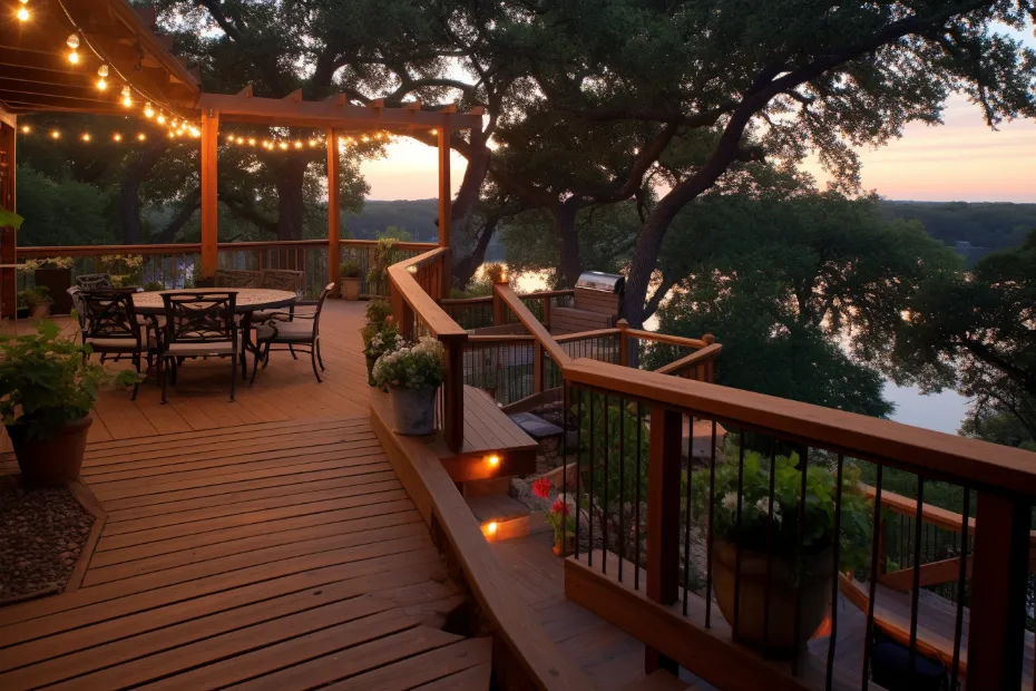 Rustic Lakeside Deck with Ambient Lighting